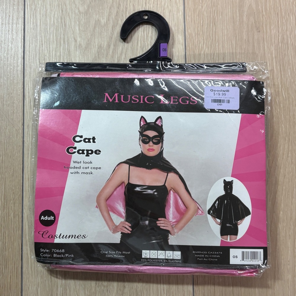 Music Legs Halloween Cat Cape Wet Look Hooded Mask Black Pink Costume Adult OSFM